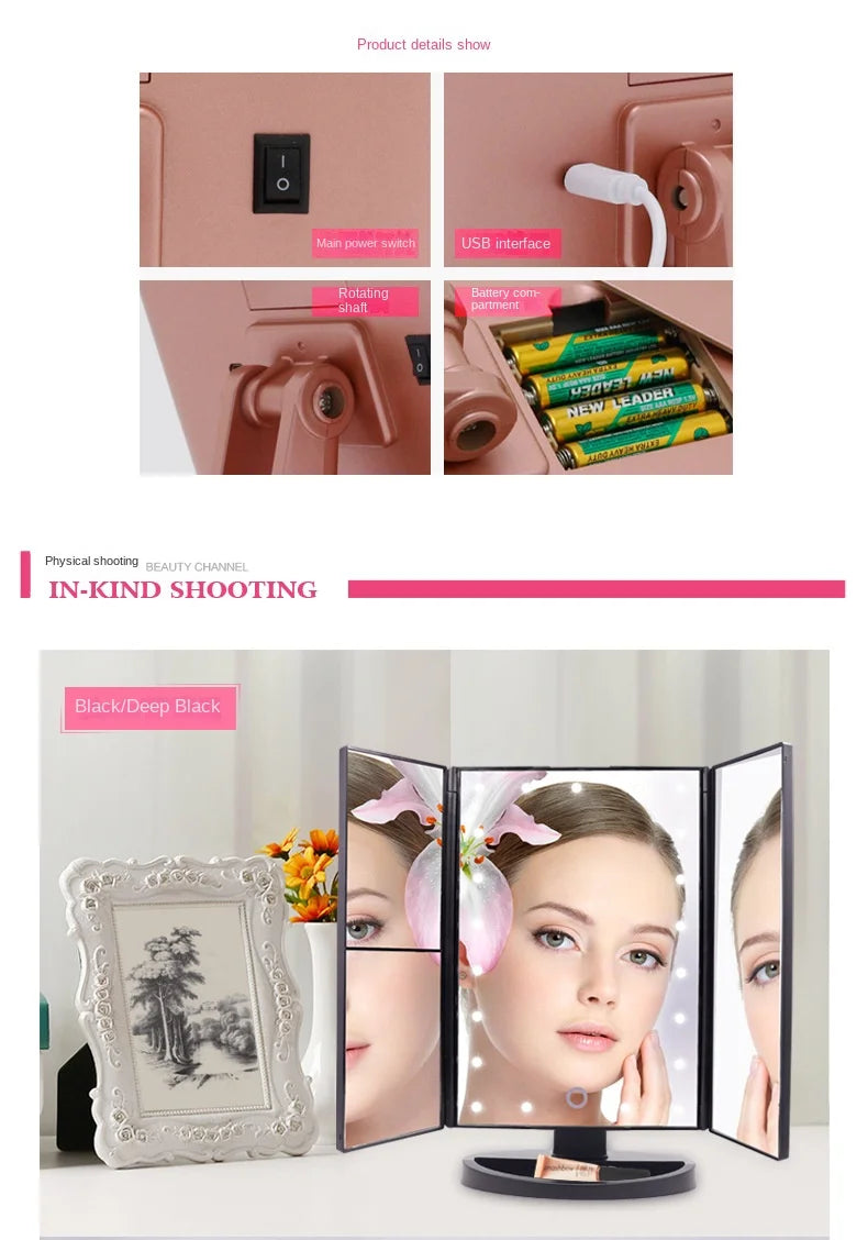 Led Vanity Mirror with Light Portable 10X Magnifying  Desktop Three Side Folding Vanity Mirror